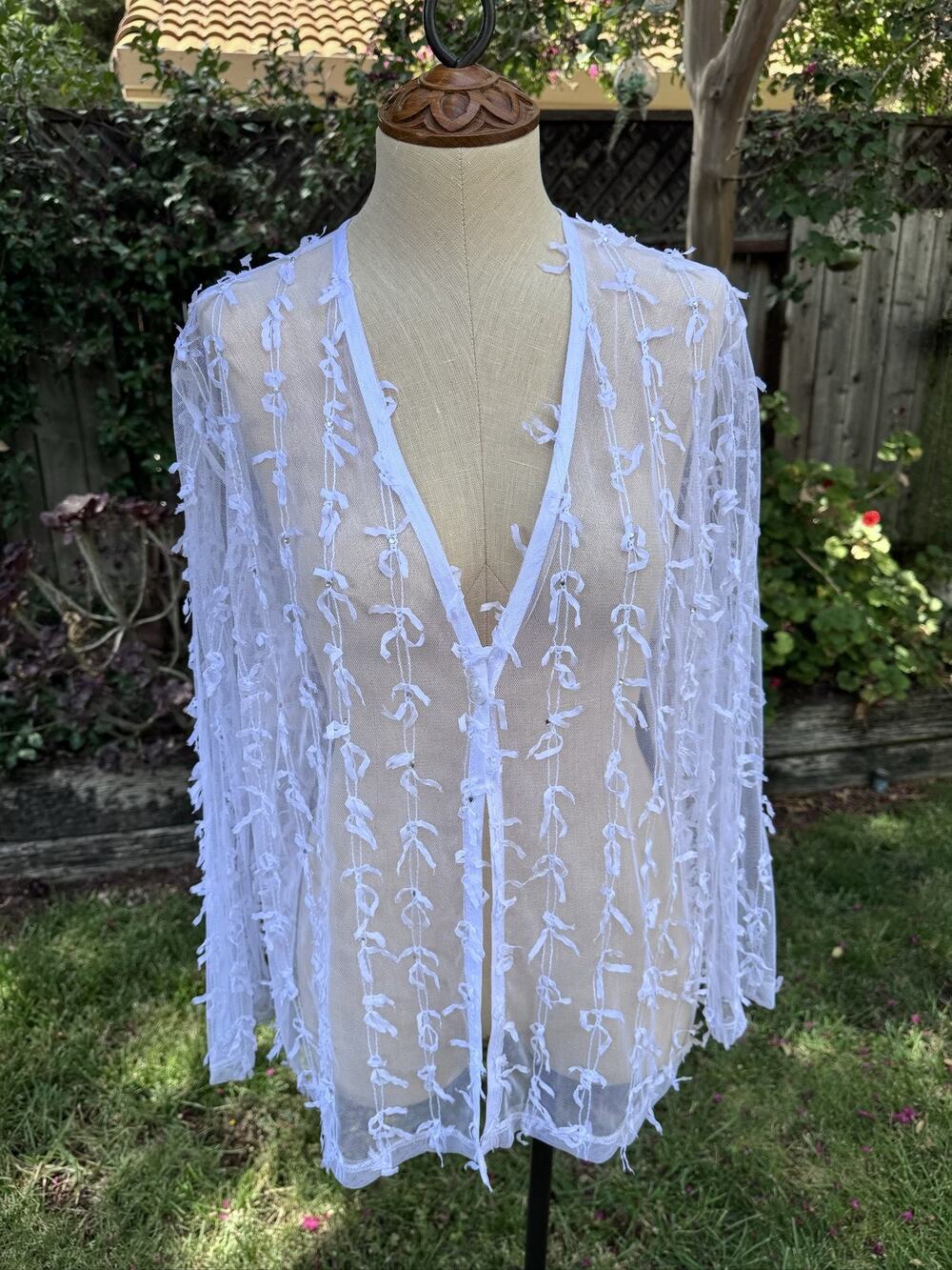 Vejaiz Designs Sheer Ribbon Embellished Top Cover-Up Cardigan White Size Medium